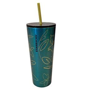 Starbucks Tumbler Venti 2022 Spring Teal Yellow Floral Stainless Steel Cold Cup